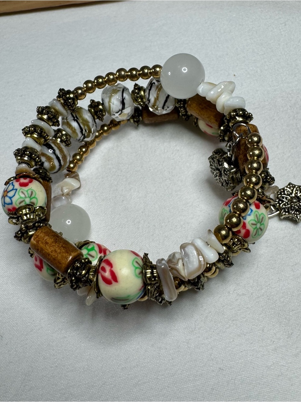 Boho Beaded Memory Wire Wrap Bracelet 3-Coil Ceramic Floral Wood & Shell Beads